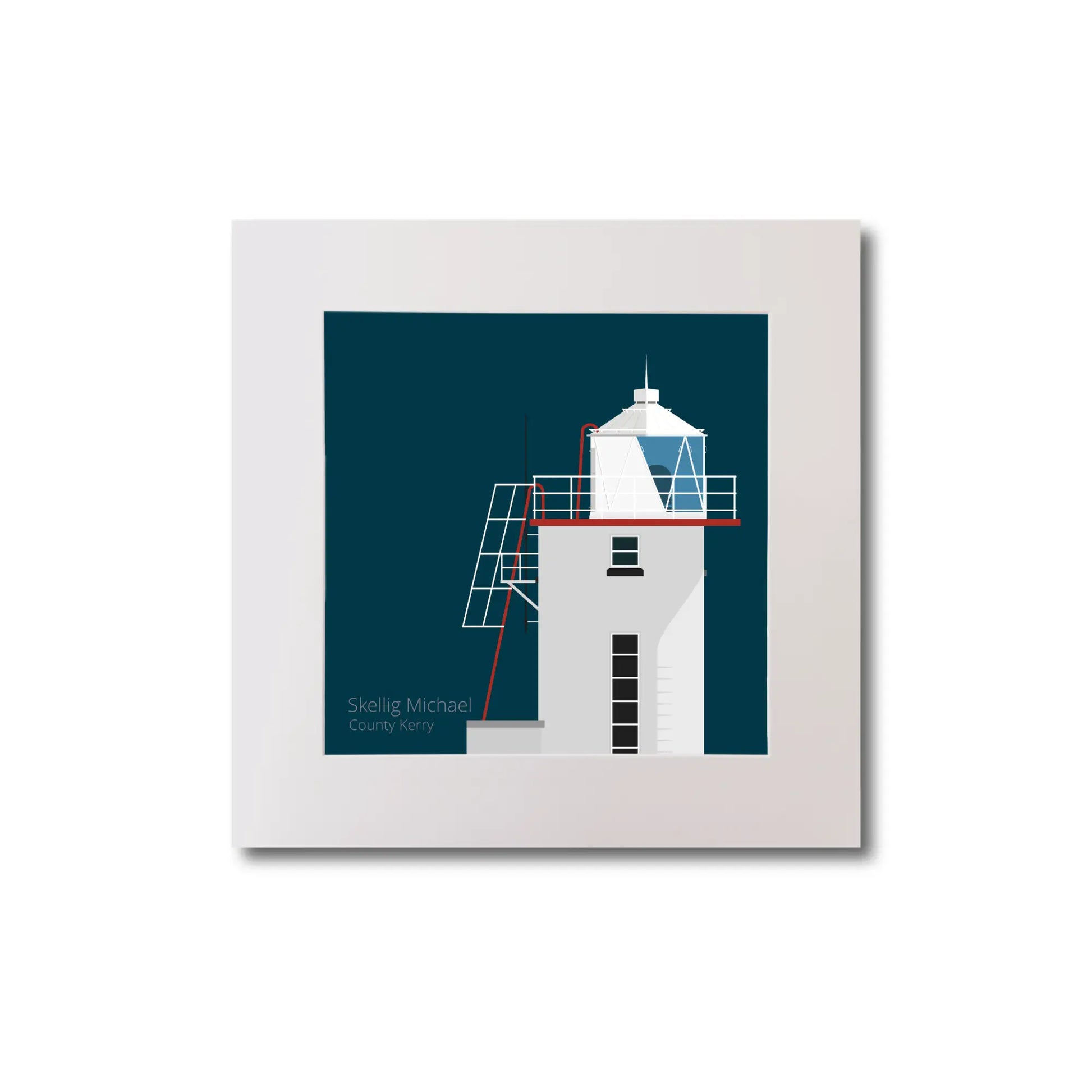 Illustration of Skellig Michael lighthouse on a midnight blue background, mounted and measuring 20x20cm.