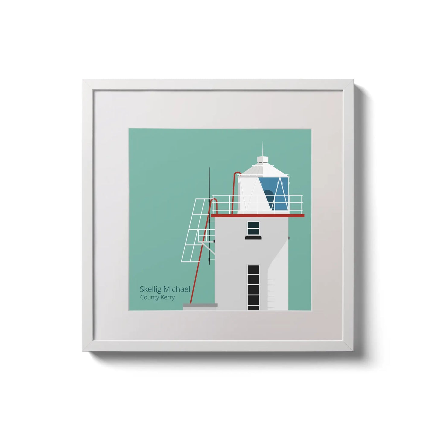 Illustration of Skellig Michael lighthouse on an ocean green background,  in a white square frame measuring 20x20cm.