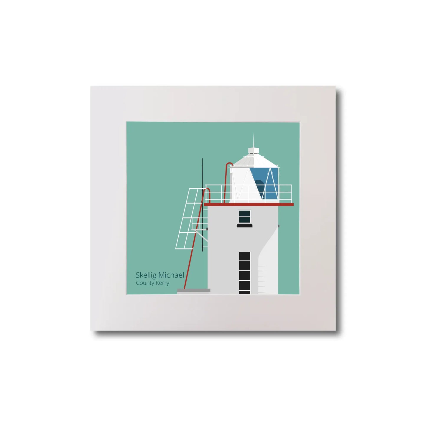 Illustration of Skellig Michael lighthouse on an ocean green background, mounted and measuring 20x20cm.