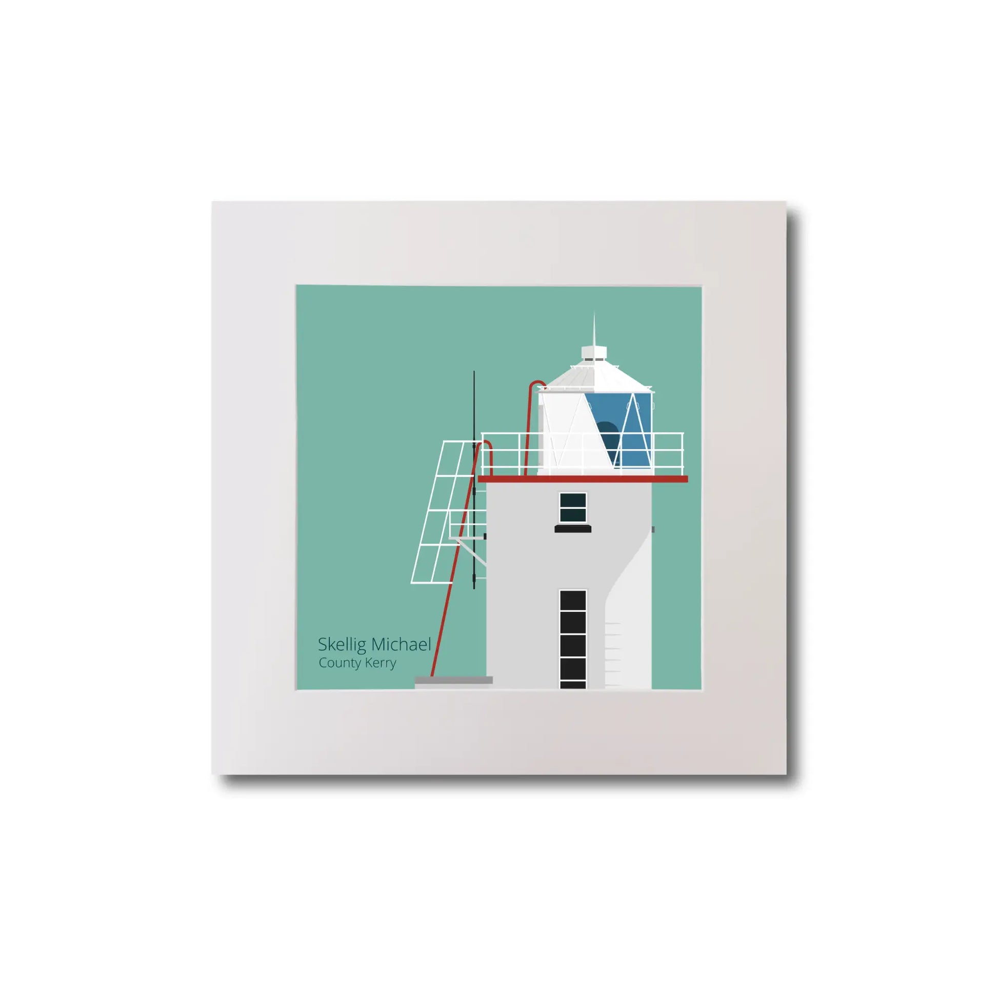 Illustration of Skellig Michael lighthouse on an ocean green background, mounted and measuring 20x20cm.
