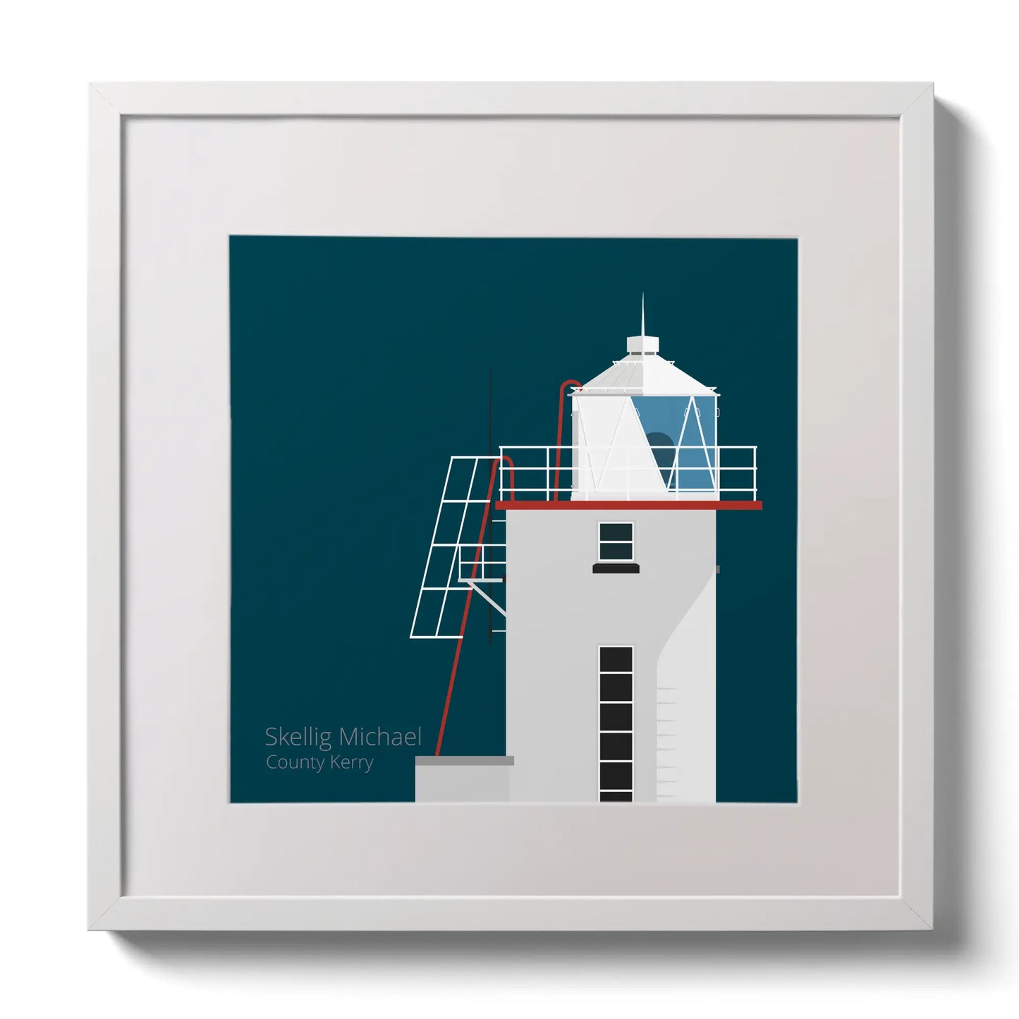 Illustration of Skellig Michael lighthouse on a midnight blue background,  in a white square frame measuring 30x30cm.