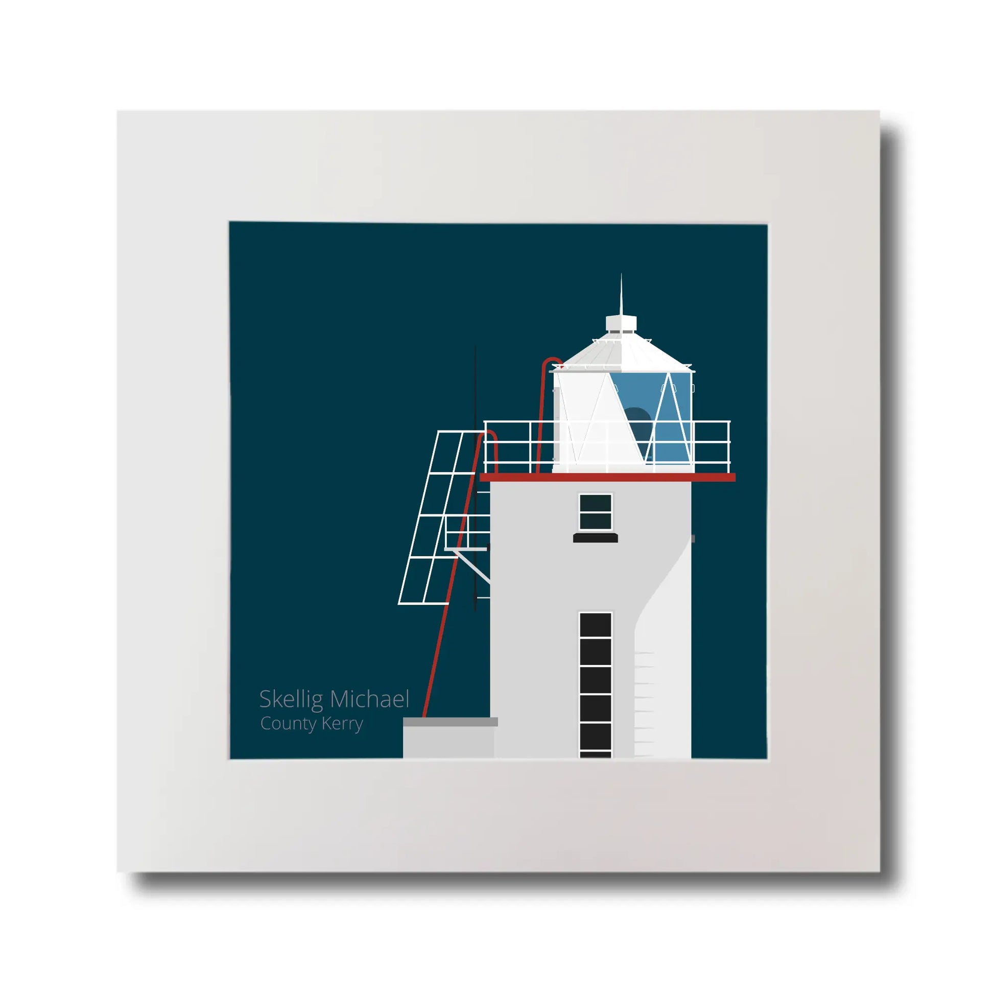 Illustration of Skellig Michael lighthouse on a midnight blue background, mounted and measuring 30x30cm.