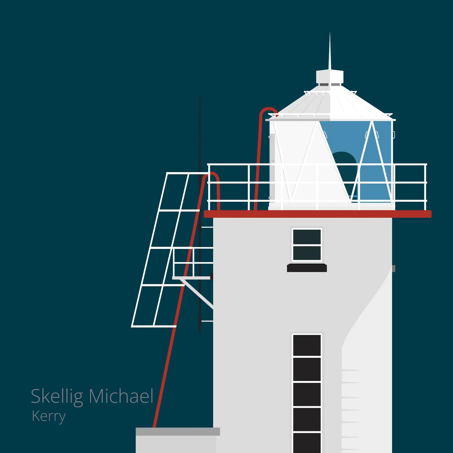 Illustration of Skellig Michael lighthouse on a midnight blue background
