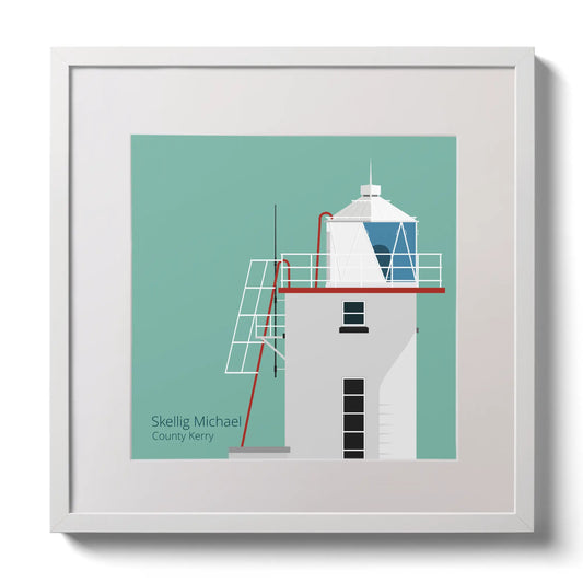 Illustration of Skellig Michael lighthouse on an ocean green background,  in a white square frame measuring 30x30cm.