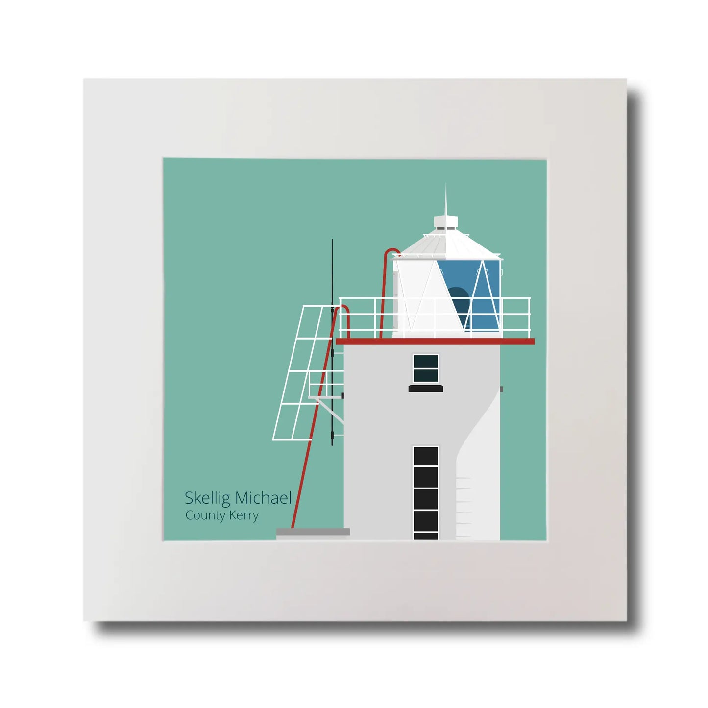 Illustration of Skellig Michael lighthouse on an ocean green background, mounted and measuring 30x30cm.