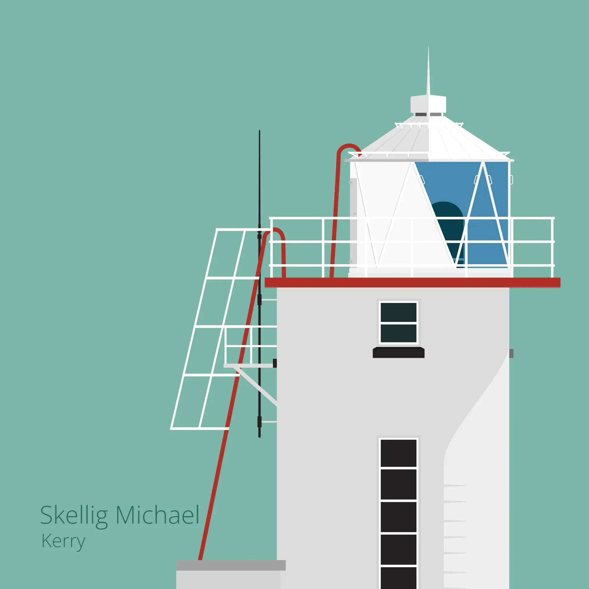 Illustration of Skellig Michael lighthouse on an ocean green background