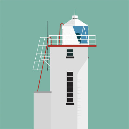 Illustration of Skelligs lighthouse on a white background inside light blue square.