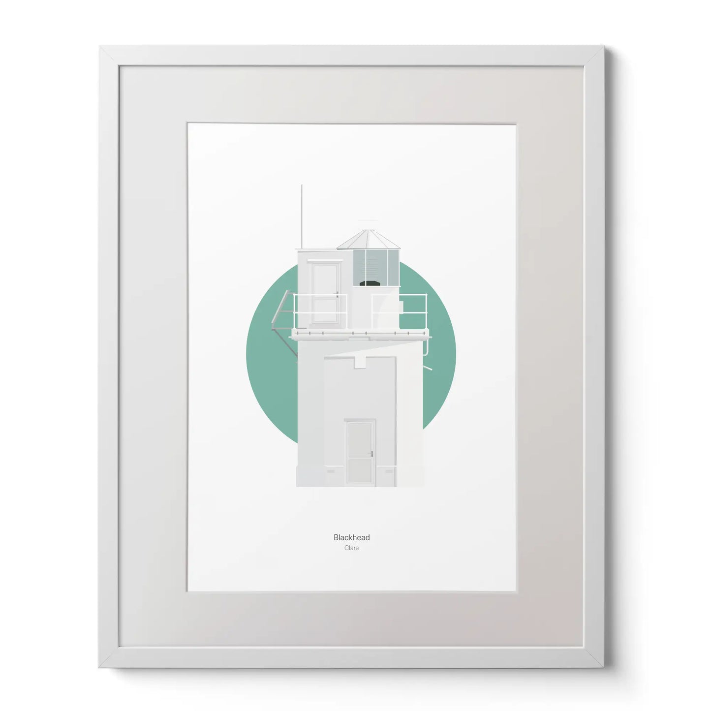 Illustration of Blackhead lighthouse on a white background inside light blue square,  in a white frame measuring 40x50cm.