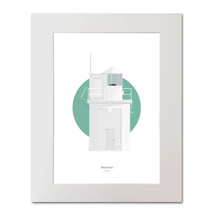 Illustration of Blackhead lighthouse on a white background inside light blue square, mounted and measuring 40x50cm.
