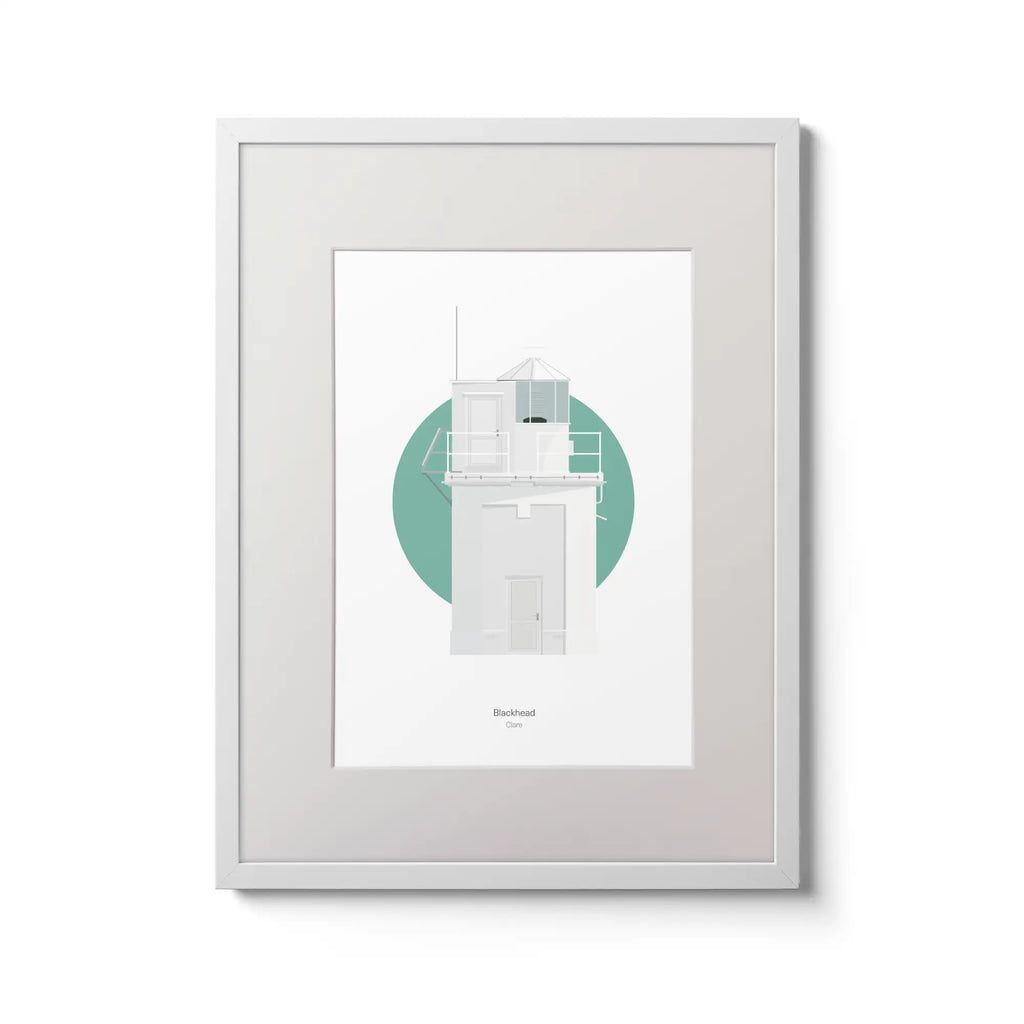 Illustration of Blackhead lighthouse on a white background inside light blue square,  in a white frame measuring 30x40cm.