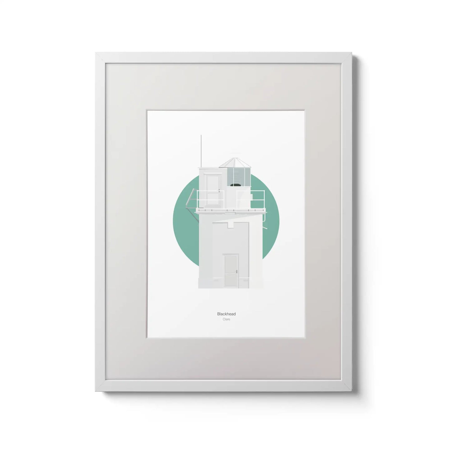 Illustration of Blackhead lighthouse on a white background inside light blue square,  in a white frame measuring 30x40cm.