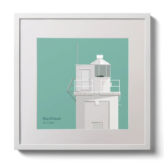 Illustration of Blackhead lighthouse on an ocean green background,  in a white square frame measuring 30x30cm.