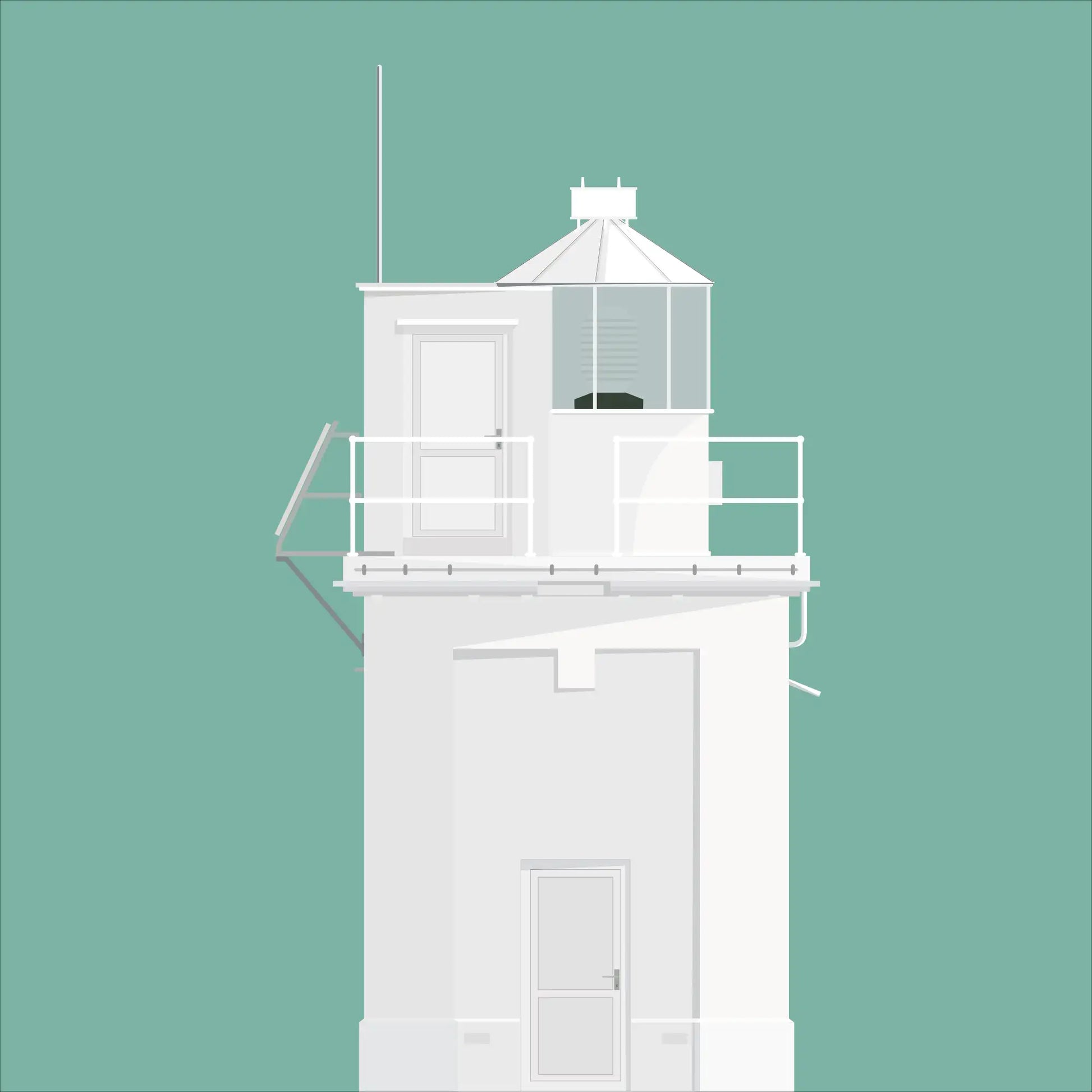 Illustration of Blackhead lighthouse on a white background inside light blue square.