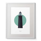 Illustration of Slyne_Head lighthouse on a white background inside light blue square,  in a white frame measuring 40x50cm.
