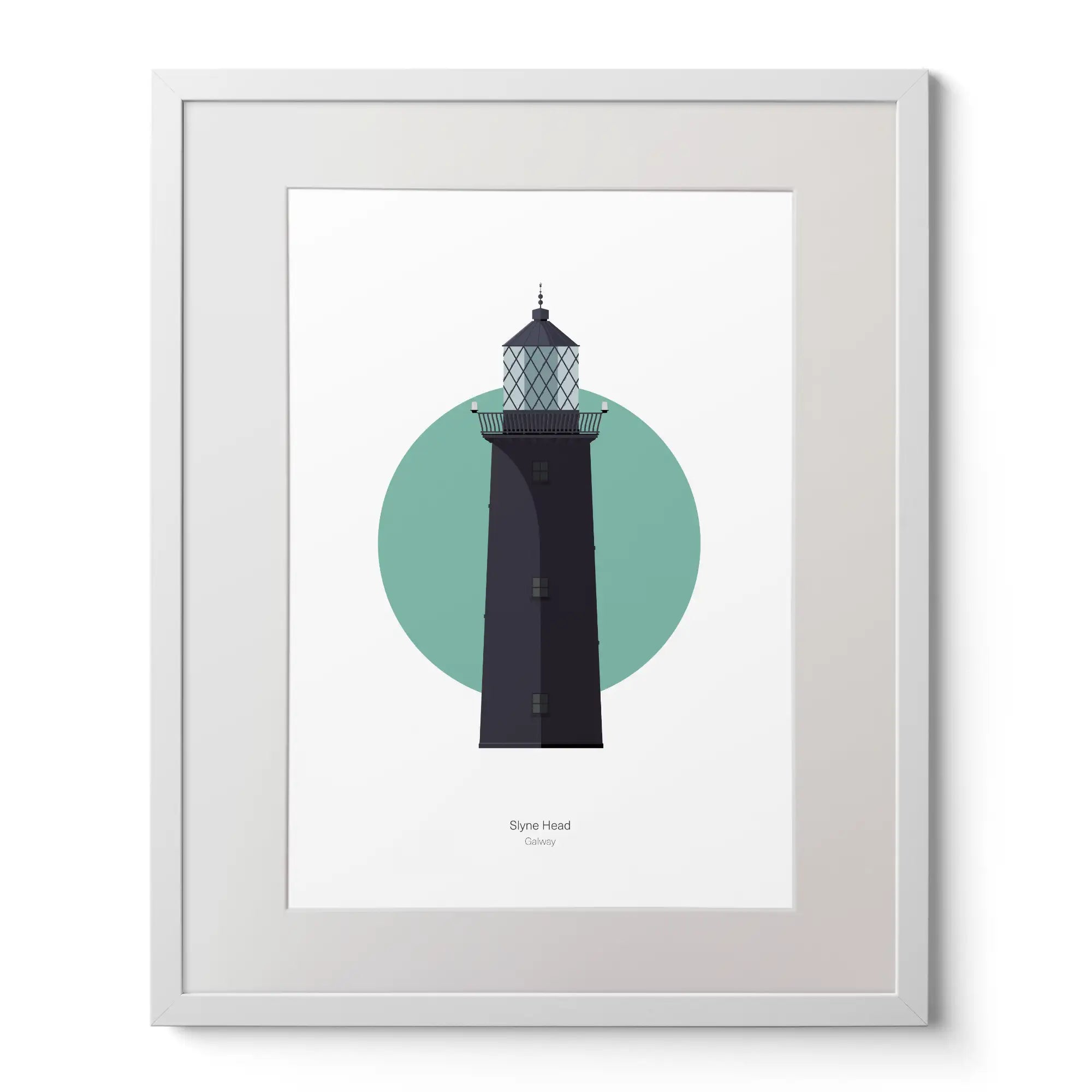 Illustration of Slyne_Head lighthouse on a white background inside light blue square,  in a white frame measuring 40x50cm.