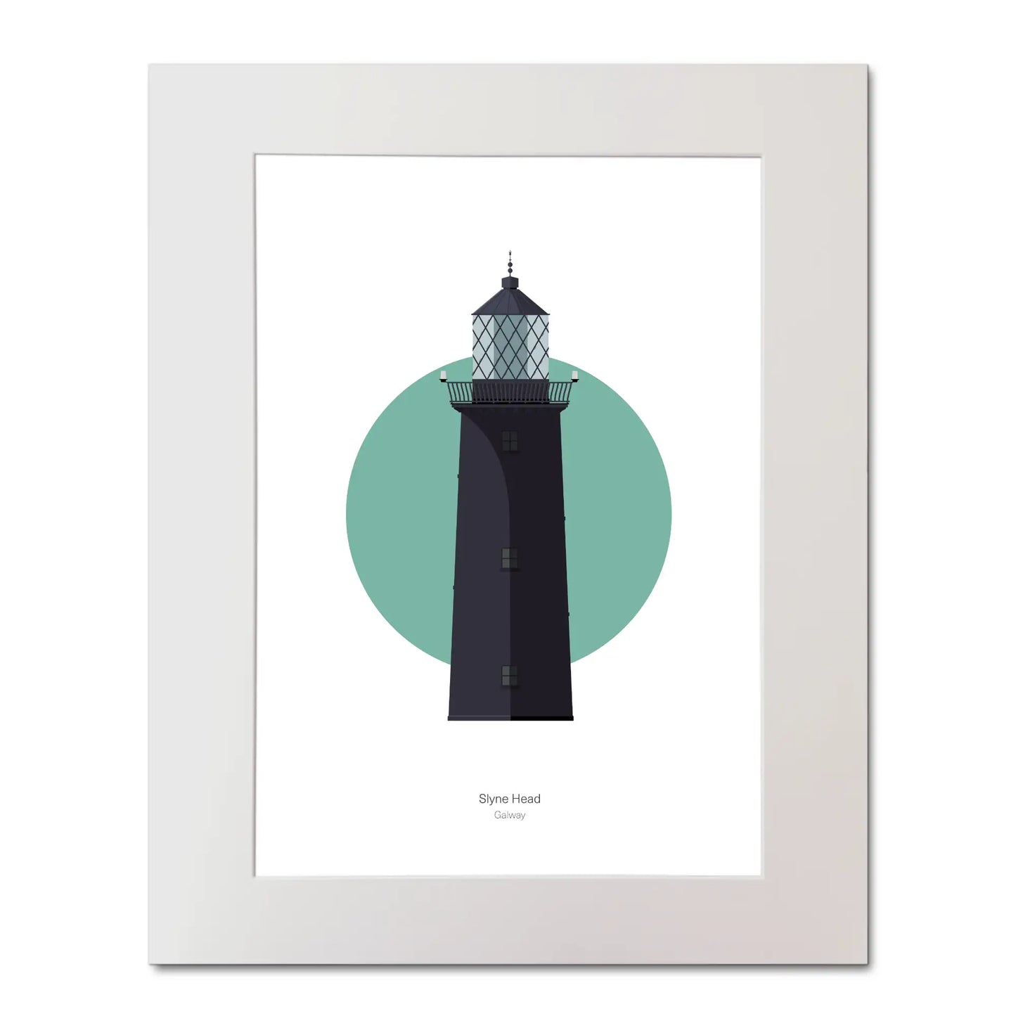 Illustration of Slyne_Head lighthouse on a white background inside light blue square, mounted and measuring 40x50cm.