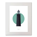 Illustration of Slyne_Head lighthouse on a white background inside light blue square, mounted and measuring 40x50cm.