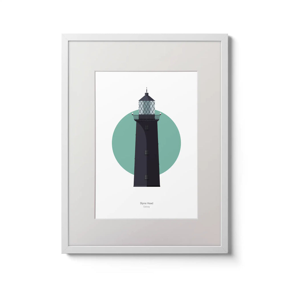 Illustration of Slyne_Head lighthouse on a white background inside light blue square,  in a white frame measuring 30x40cm.