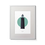 Illustration of Slyne_Head lighthouse on a white background inside light blue square,  in a white frame measuring 30x40cm.