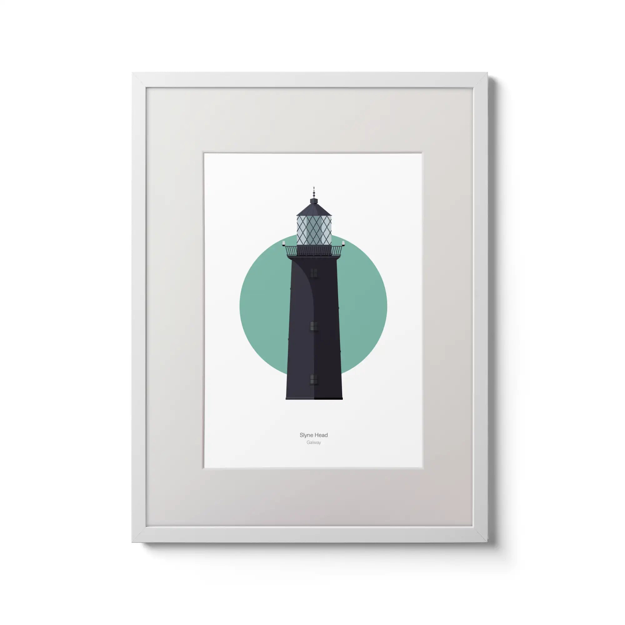 Illustration of Slyne_Head lighthouse on a white background inside light blue square,  in a white frame measuring 30x40cm.