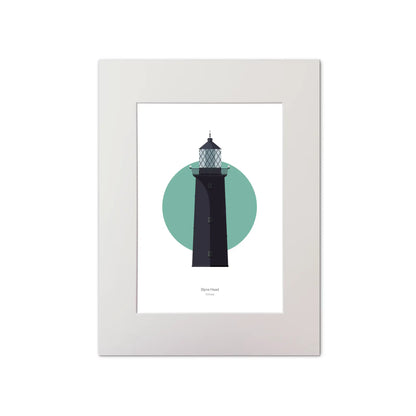 Illustration of Slyne_Head lighthouse on a white background inside light blue square, mounted and measuring 30x40cm.