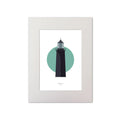 Illustration of Slyne_Head lighthouse on a white background inside light blue square, mounted and measuring 30x40cm.