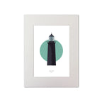 Illustration of Slyne_Head lighthouse on a white background inside light blue square, mounted and measuring 30x40cm.
