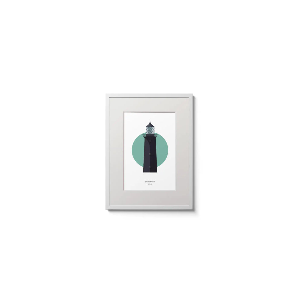 Illustration of Slyne_Head lighthouse on a white background inside light blue square,  in a white frame measuring 15x20cm.