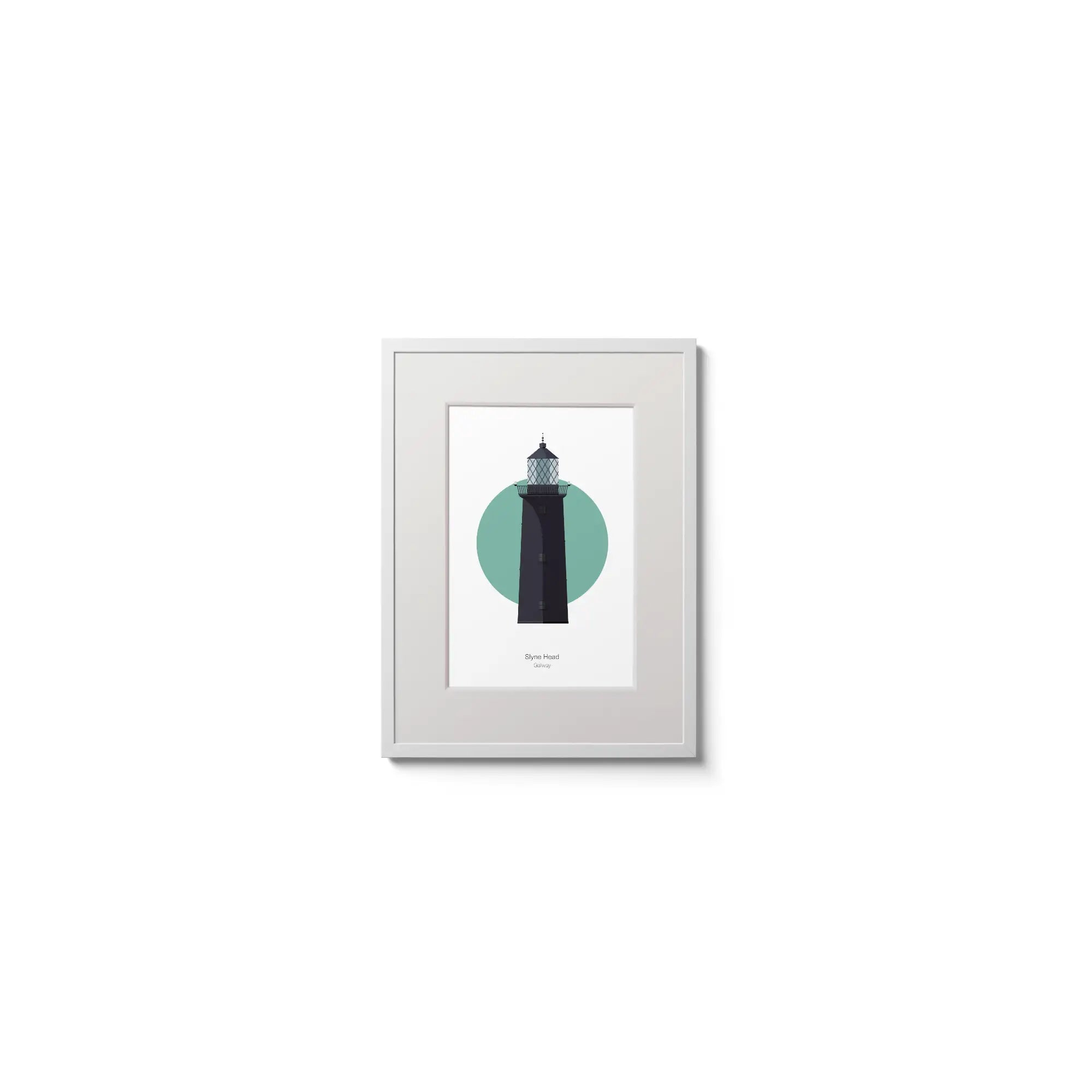 Illustration of Slyne_Head lighthouse on a white background inside light blue square,  in a white frame measuring 15x20cm.