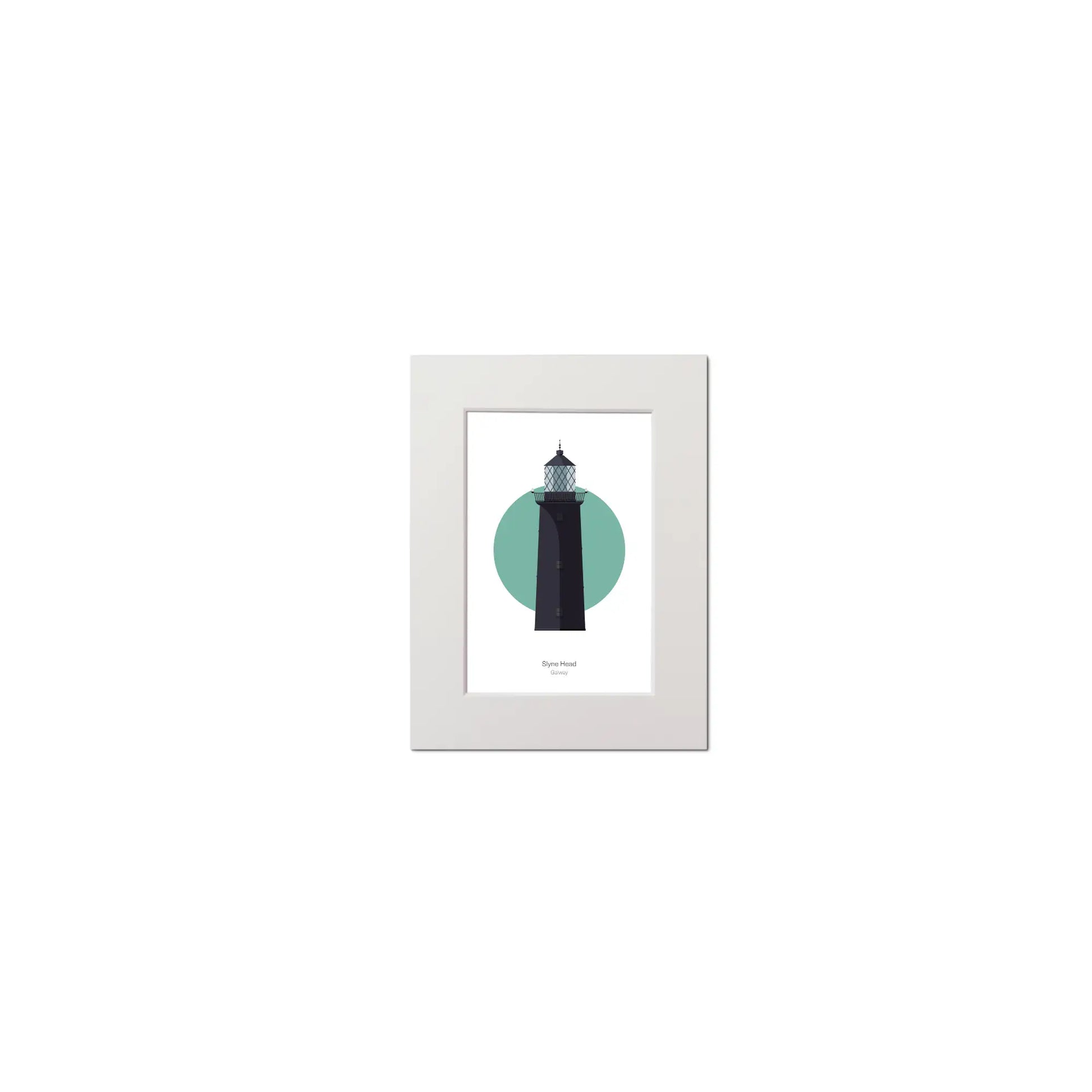 Illustration of Slyne_Head lighthouse on a white background inside light blue square, mounted and measuring 15x20cm.