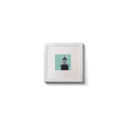 Illustration of Slyne Head lighthouse on an ocean green background,  in a white square frame measuring 10x10cm.