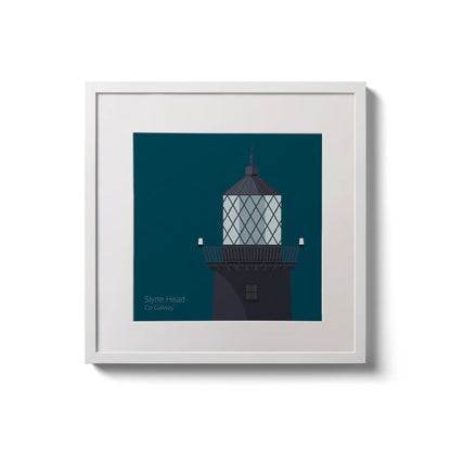 Illustration of Slyne Head lighthouse on a midnight blue background,  in a white square frame measuring 20x20cm.