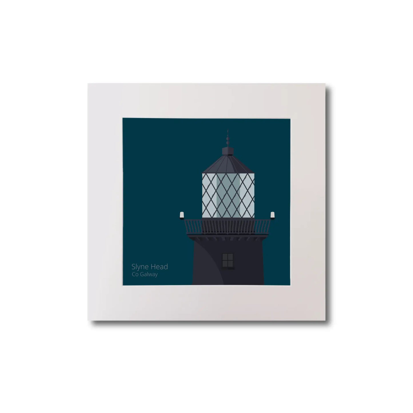 Illustration of Slyne Head lighthouse on a midnight blue background, mounted and measuring 20x20cm.