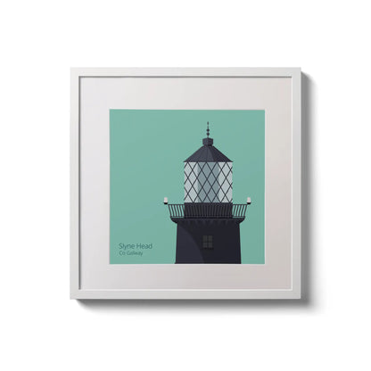 Illustration of Slyne Head lighthouse on an ocean green background,  in a white square frame measuring 20x20cm.