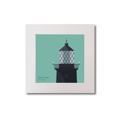 Illustration of Slyne Head lighthouse on an ocean green background, mounted and measuring 20x20cm.