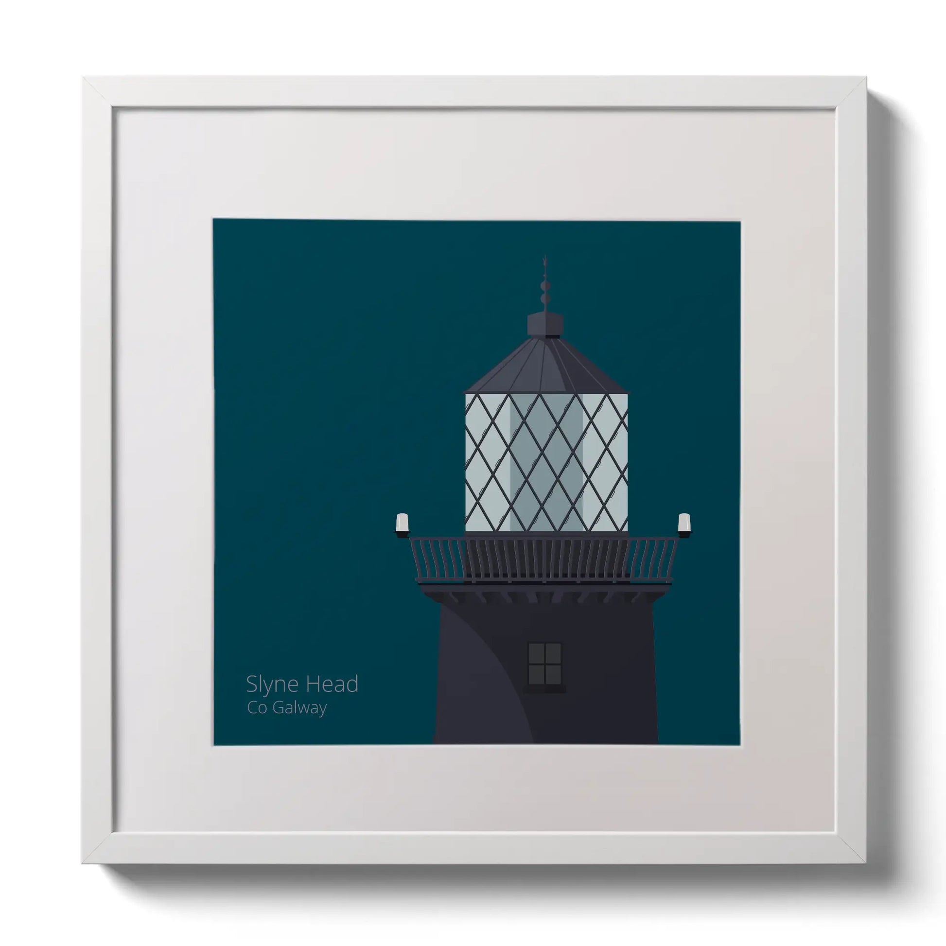Illustration of Slyne Head lighthouse on a midnight blue background,  in a white square frame measuring 30x30cm.