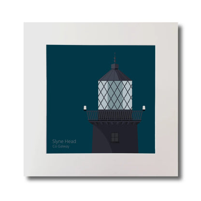 Illustration of Slyne Head lighthouse on a midnight blue background, mounted and measuring 30x30cm.