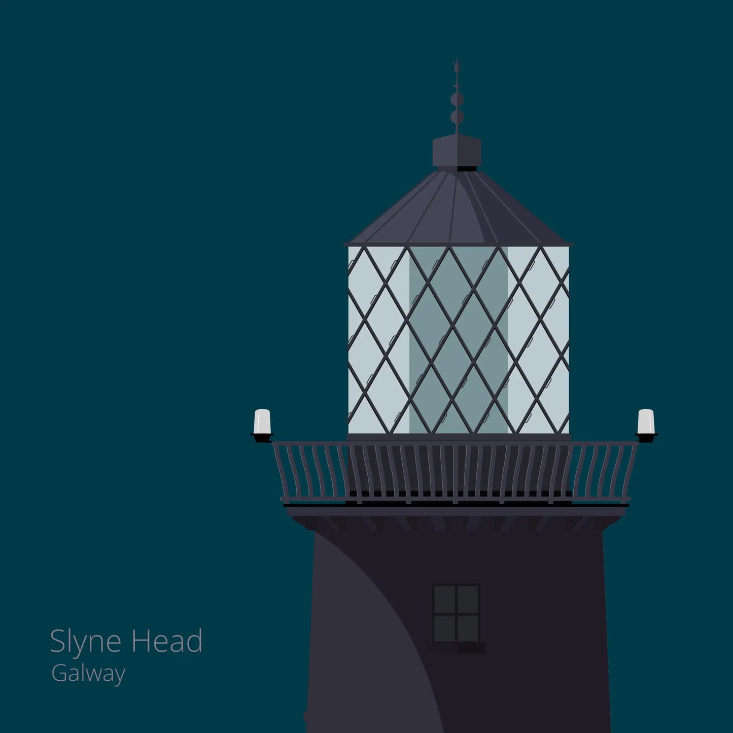 Illustration of Slyne Head lighthouse on a midnight blue background