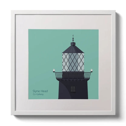 Illustration of Slyne Head lighthouse on an ocean green background,  in a white square frame measuring 30x30cm.