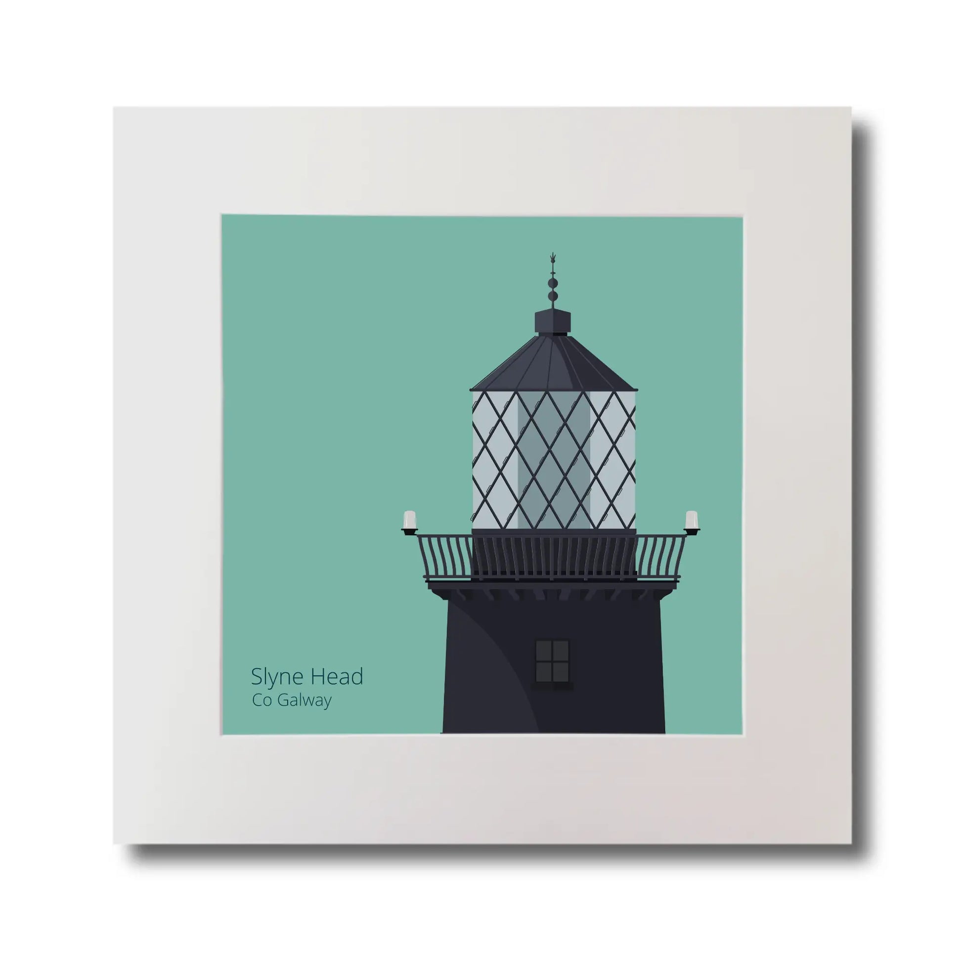 Illustration of Slyne Head lighthouse on an ocean green background, mounted and measuring 30x30cm.