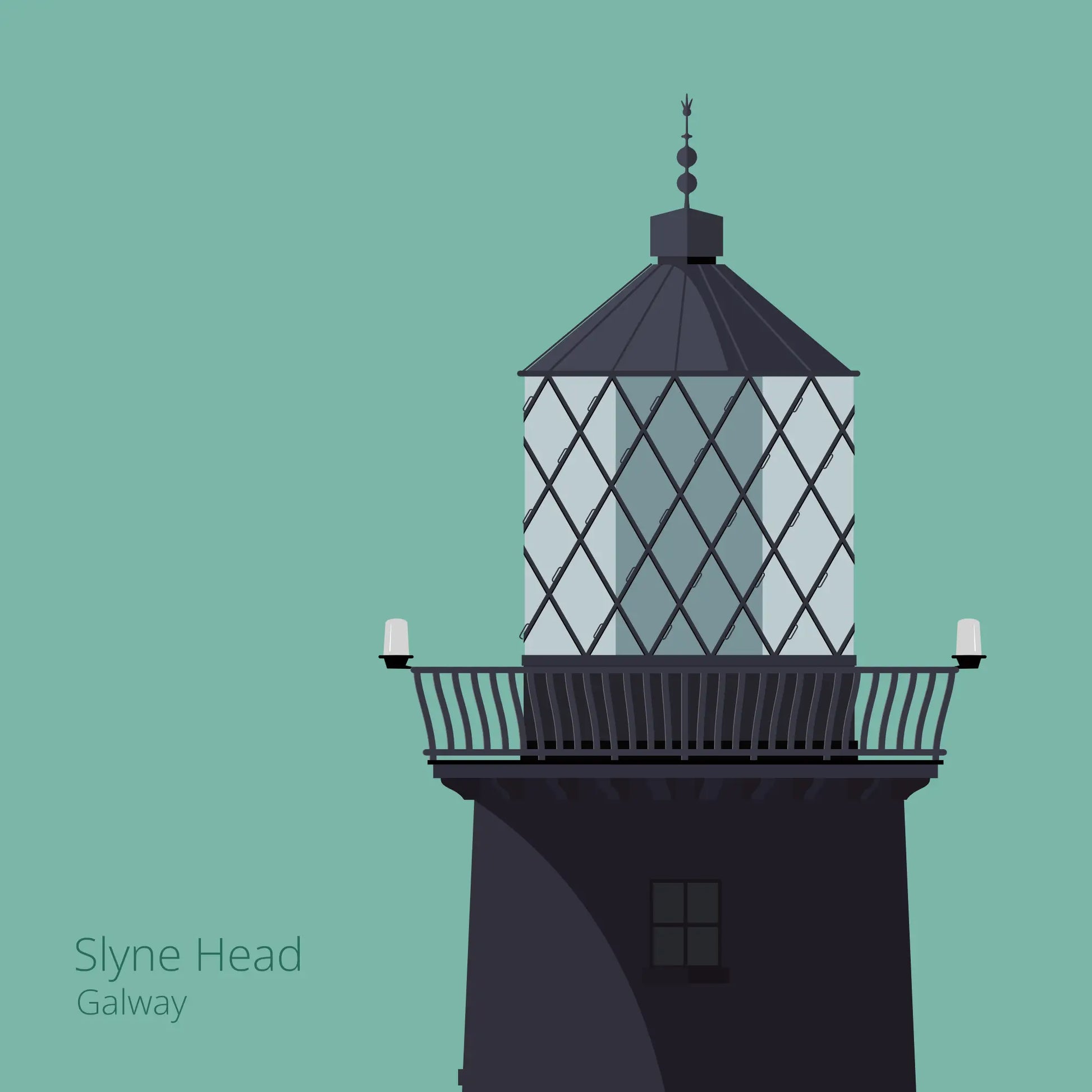 Illustration of Slyne Head lighthouse on an ocean green background