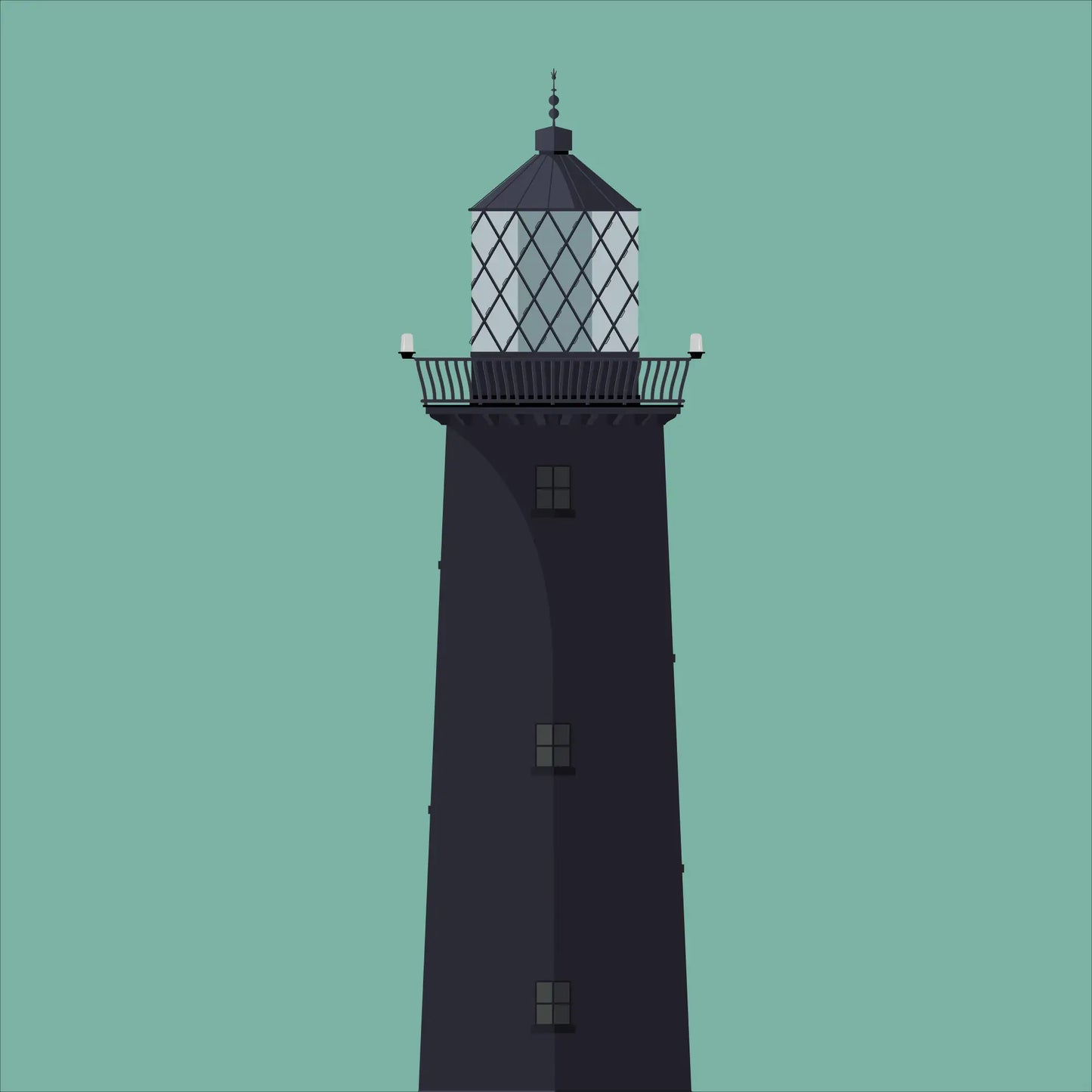 Illustration of Slyne_Head lighthouse on a white background inside light blue square.