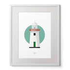 Illustration of Inishgort lighthouse on a white background inside light blue square,  in a white frame measuring 40x50cm.