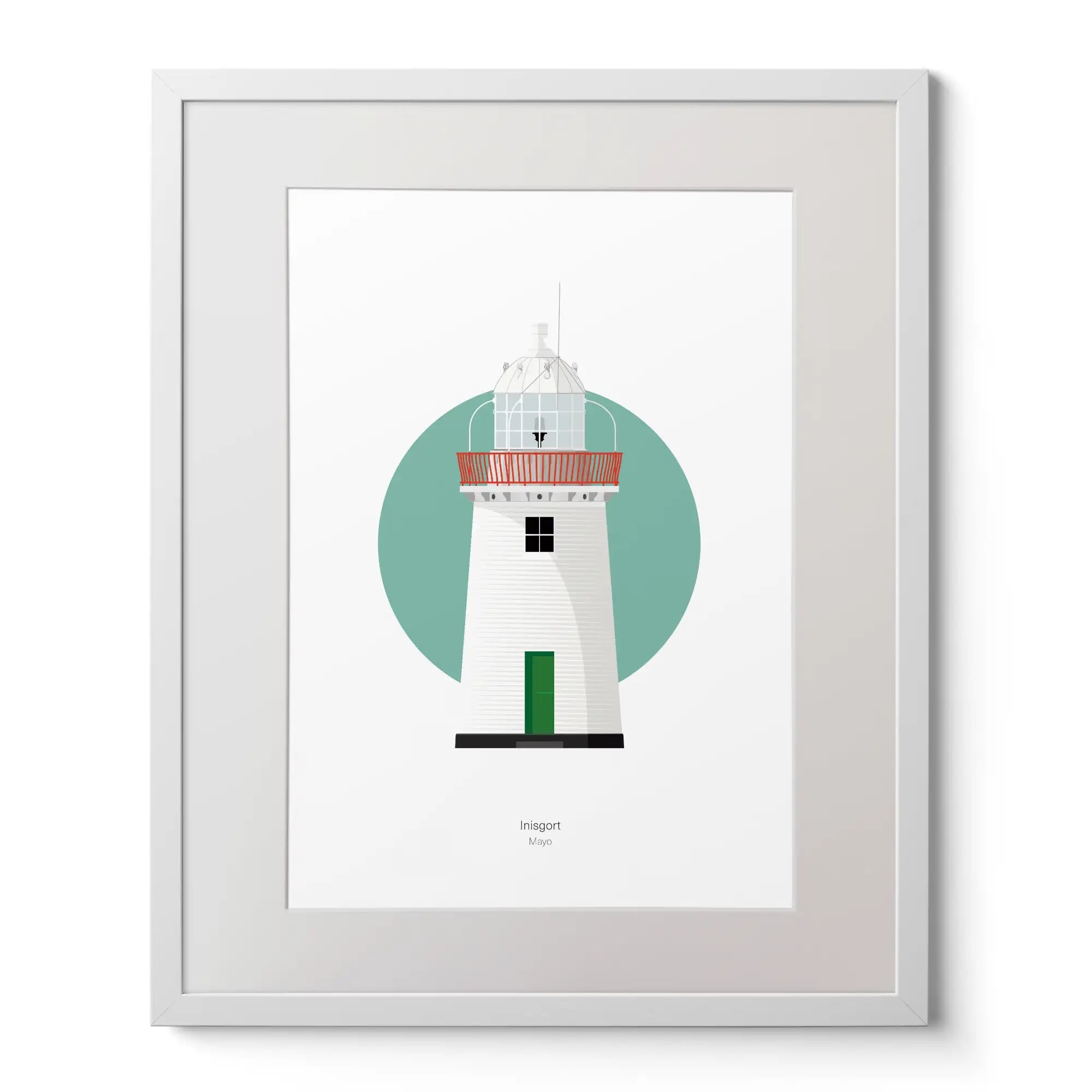 Illustration of Inishgort lighthouse on a white background inside light blue square,  in a white frame measuring 40x50cm.