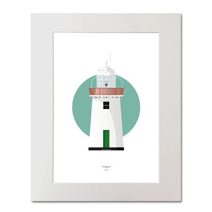 Illustration of Inishgort lighthouse on a white background inside light blue square, mounted and measuring 40x50cm.