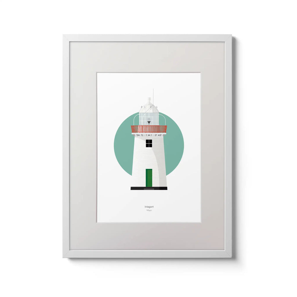 Illustration of Inishgort lighthouse on a white background inside light blue square,  in a white frame measuring 30x40cm.