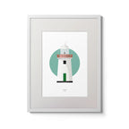 Illustration of Inishgort lighthouse on a white background inside light blue square,  in a white frame measuring 30x40cm.