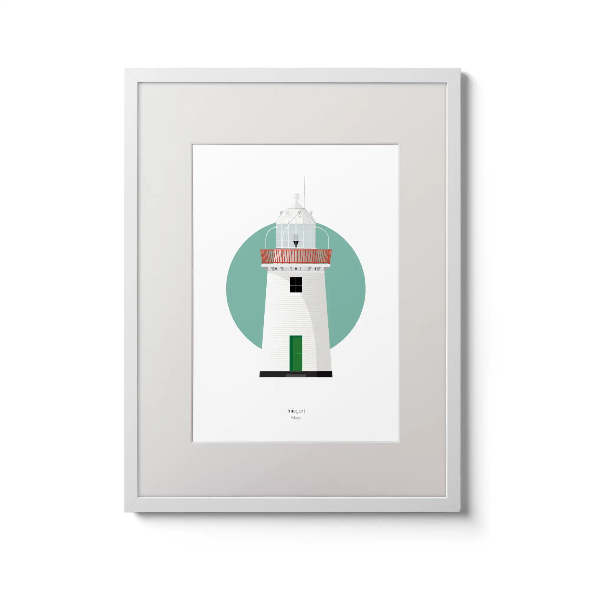 Illustration of Inishgort lighthouse on a white background inside light blue square,  in a white frame measuring 30x40cm.