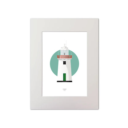 Illustration of Inishgort lighthouse on a white background inside light blue square, mounted and measuring 30x40cm.