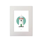Illustration of Inishgort lighthouse on a white background inside light blue square, mounted and measuring 30x40cm.